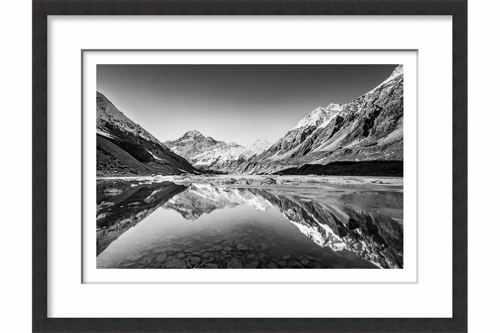 Framed Paper Reflection of Mount Cook in Monochrome, NZ