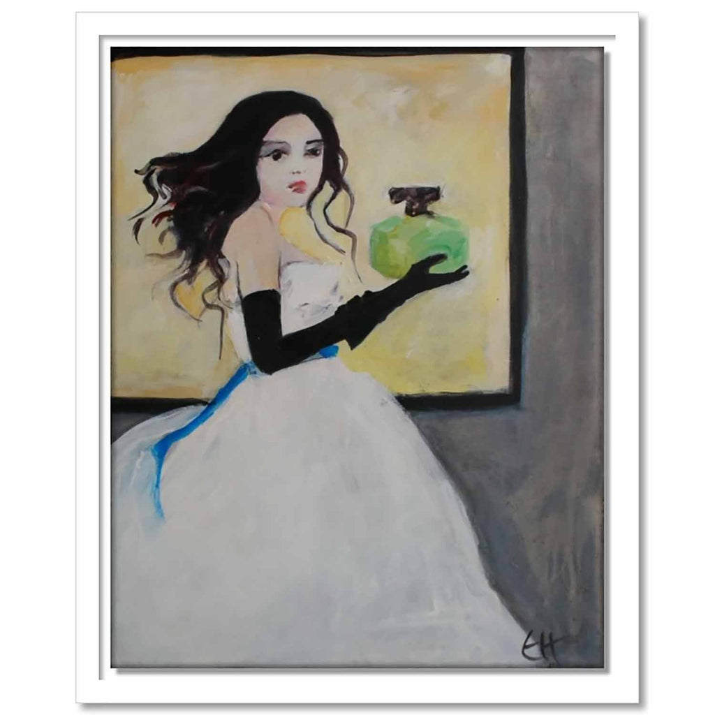 Framed Canvas Lady with Perfume Bottle