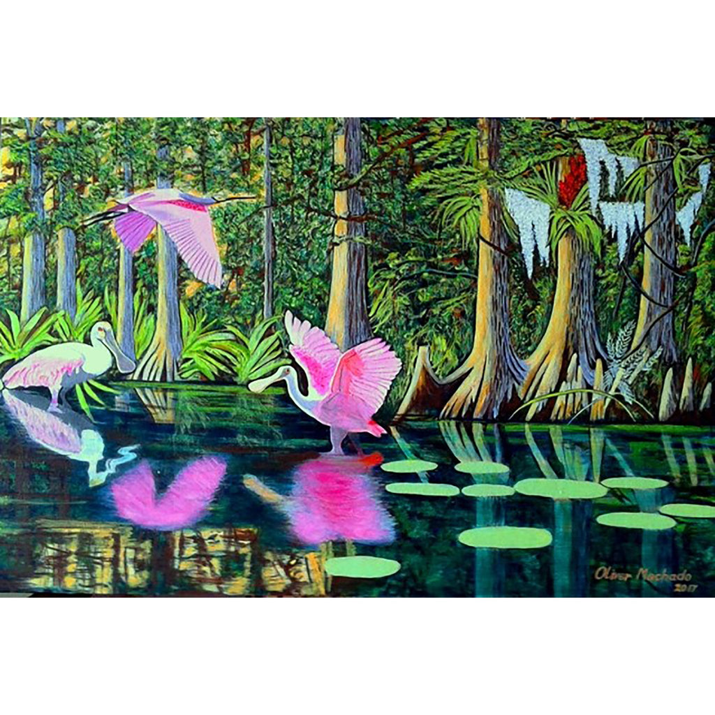 3 flamingos playing on the river