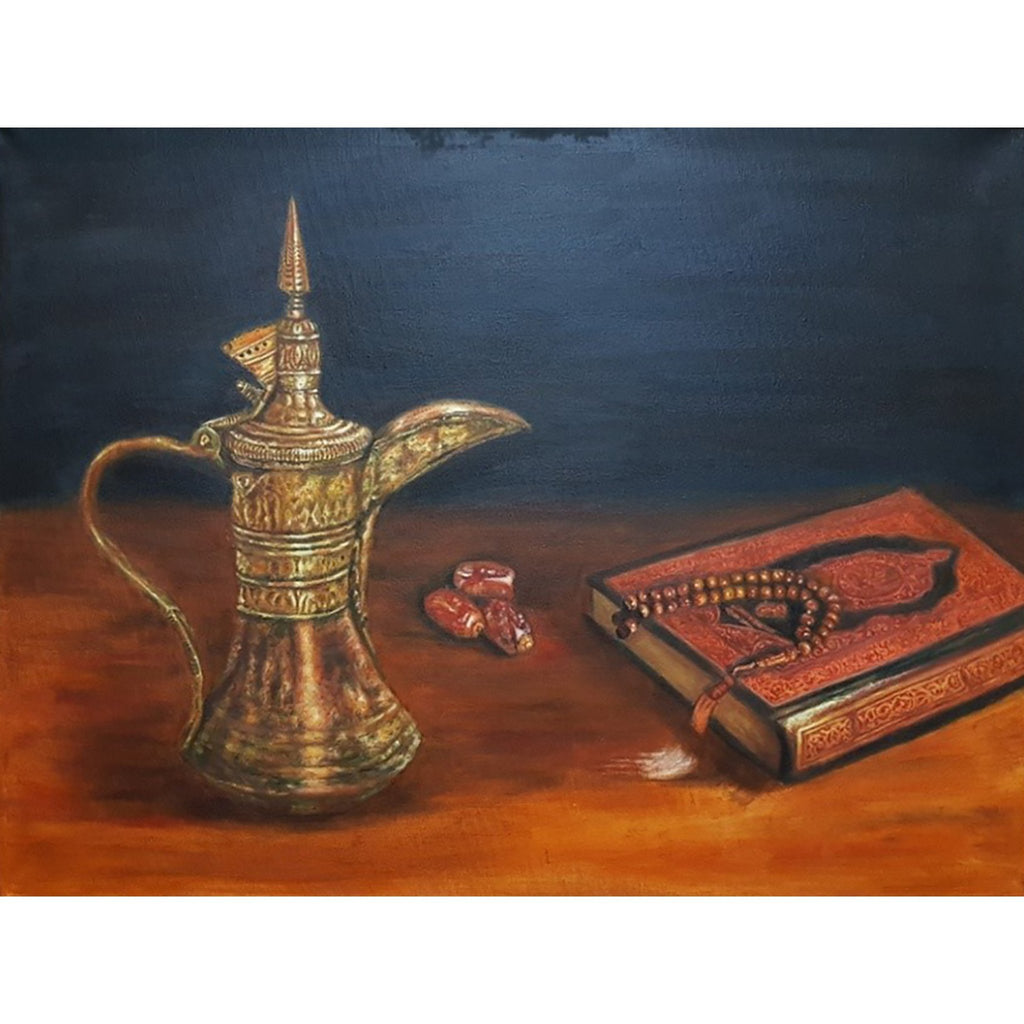 Arabic coffee pot beside the dates, Quran and prayer beads on the table