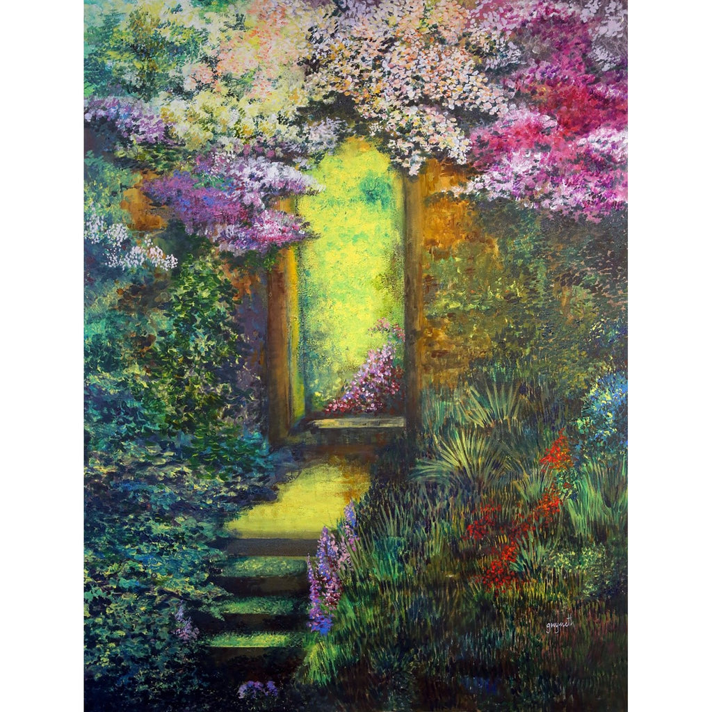 A doorway with flowers around it