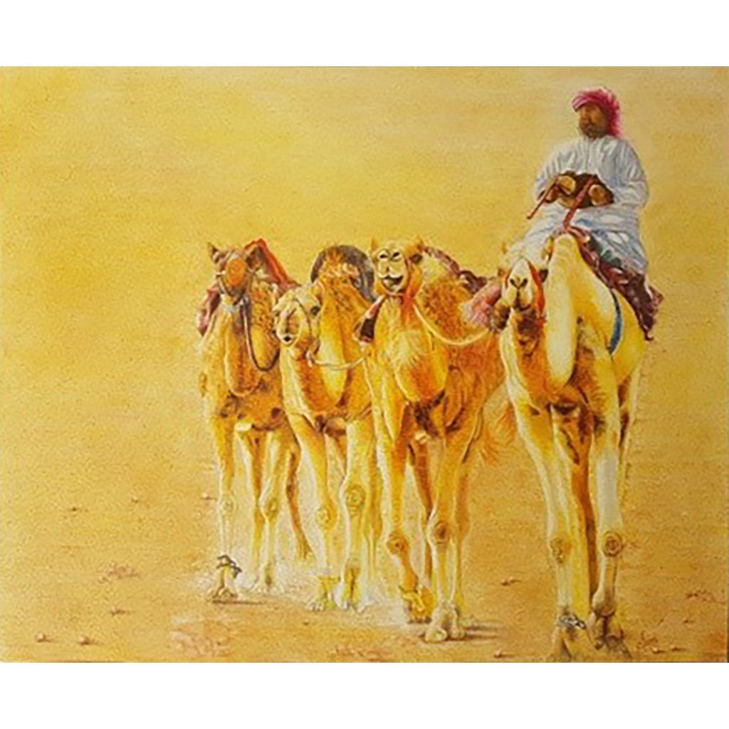One Arabian man riding a camel along with 3 other camels