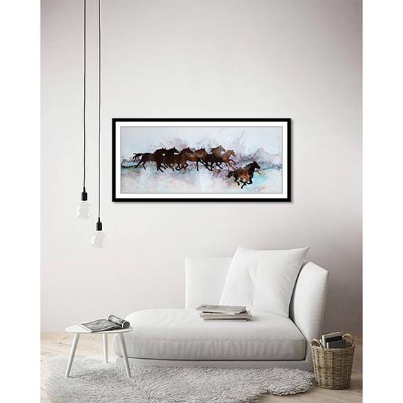 Living room with framed image of Group of Horses Running on the wall