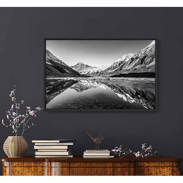 Reflection of Mount Cook in Monochrome, NZ on living room wall