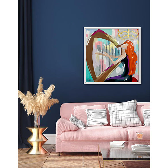 Framed Canvas The Harpist on living room wall